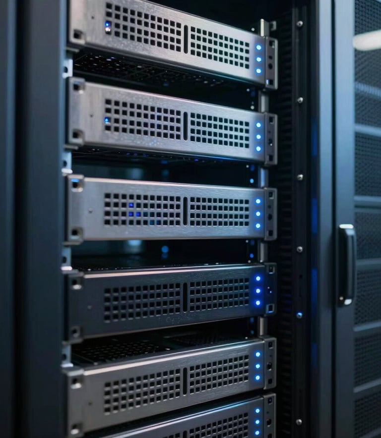 A close-up photograph of high-performance server racks in a secure data center in Pune. The scene is illuminated by soft blue LED indicator lights, reflecting on metallic surfaces, creating a professional and high-tech atmosphere.