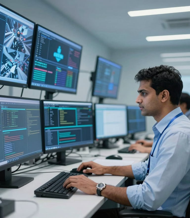 A sleek network operations center with multiple digital displays showing security data. In the foreground, a professional South Asian IT expert is focused on a workstation. The environment is professional and secure, featuring bright blue lighting and a clean, modern aesthetic.