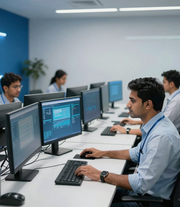 A clean and modern network operations center with South Asian professionals working at sleek desks with multiple monitors. The lighting is bright and cool, featuring deep blue accents that reflect a cutting-edge technology environment.