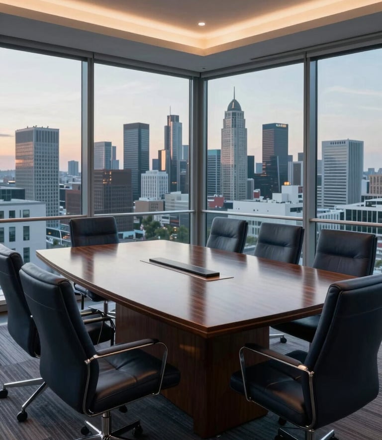 Photography of a high-end corporate boardroom in Central Europe, featuring dark navy leather chairs, a polished dark wood table, and a wide view of a modern city skyline at dusk through large windows.