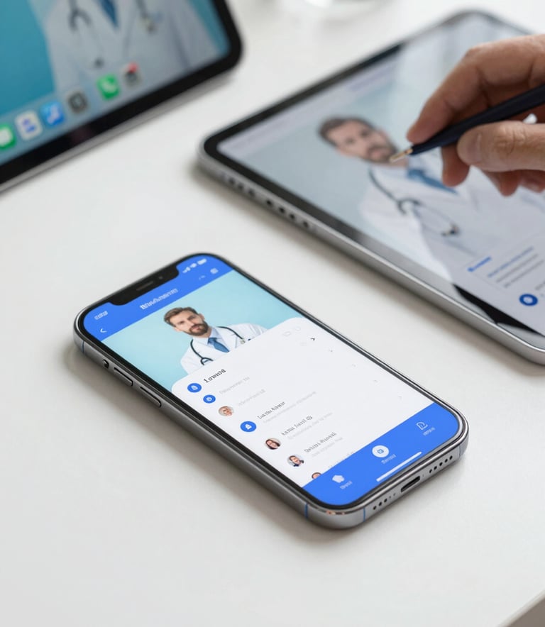A sleek, close-up shot of a smartphone and a tablet on a clean desk, displaying a medical dashboard with secure video call interface. A doctor's hand is visible. Lighting is professional and bright, incorporating #1E5C6B and #EEF8F7 tones. Modern efficiency vibe.