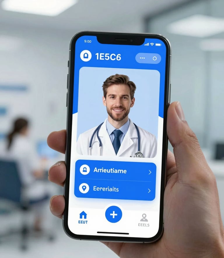A close-up shot of a smartphone screen showing a professional medical consultation app interface, with a doctor's face visible on screen. The background is a clean, modern medical office. Mood is professional and efficient, using #1E5C6B and #EEF8F7 color tones.