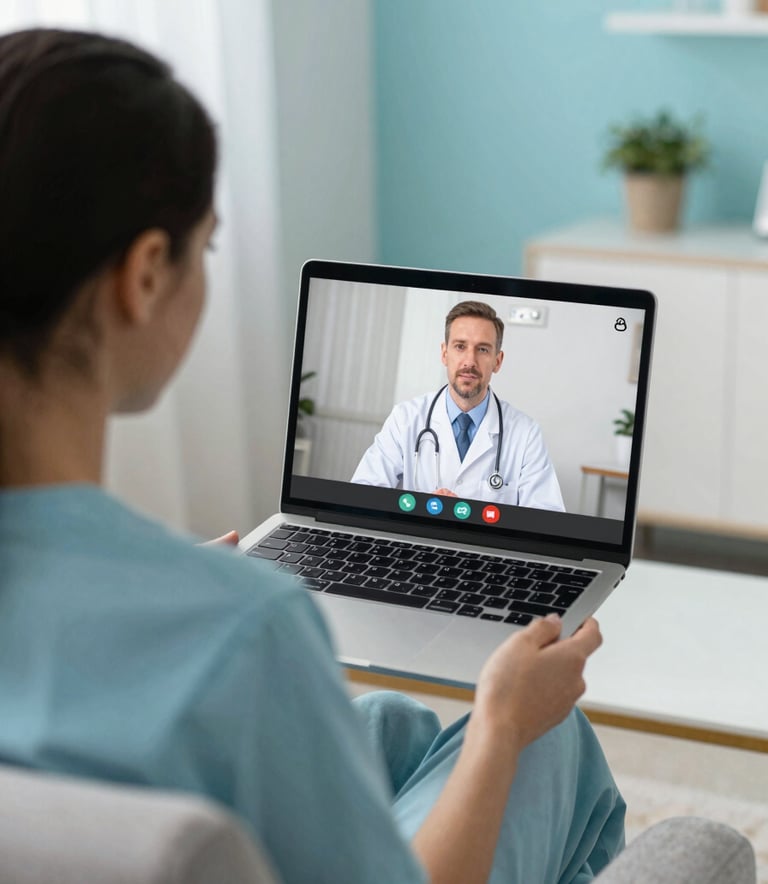 A patient sitting comfortably in a bright living room, holding a laptop and having a video call with a doctor. The scene feels empathetic and calm. The room features decor in #EEF8F7 and #5BA8A1 tones.
