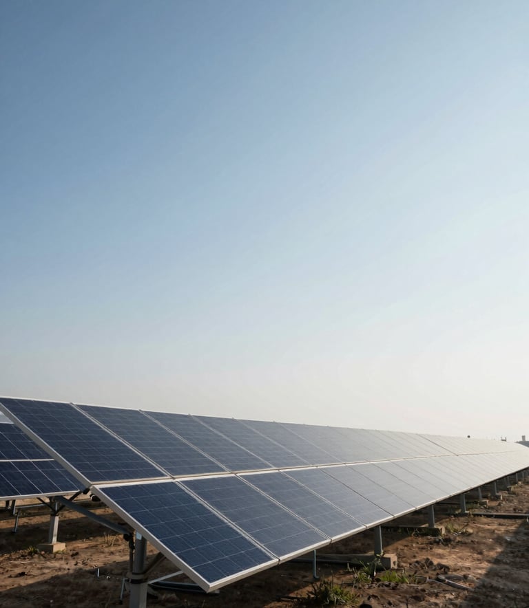 A wide-angle shot of a large-scale industrial solar plant installation during the daytime. The sky is a clear sky blue, and the solar panels reflect a pale mist glow, emphasizing modern clean energy.