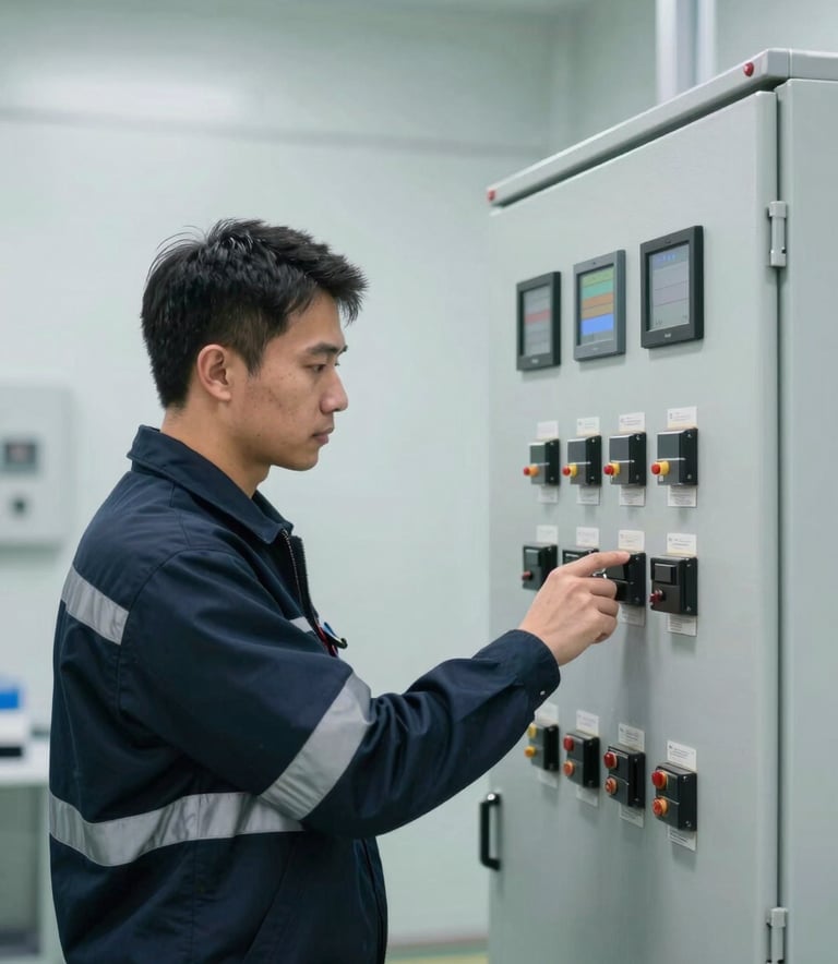 A professional electrical engineer wearing a dark navy uniform and safety gear, inspecting a complex industrial control panel in a clean, brightly lit facility with pale mist colored walls.
