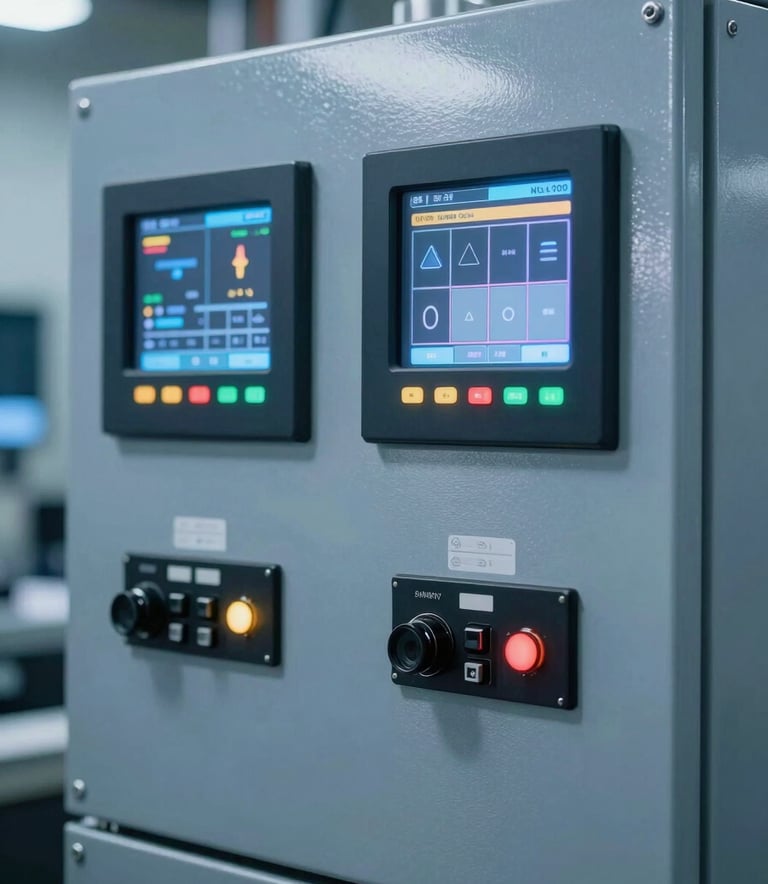 Clean, professional photograph of a sophisticated industrial automation control unit with digital displays and steel blue metallic casing, reflecting technical innovation.