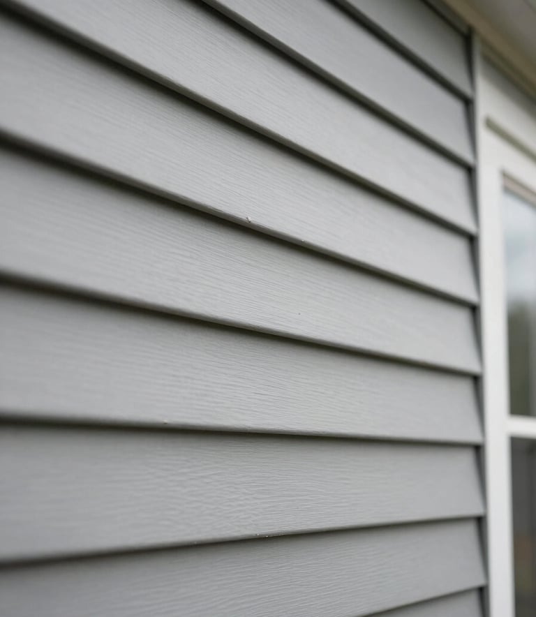 Detailed shot of high-quality vinyl siding installation on a residential building in the US, showing the clean lines and professional craftsmanship under soft natural light.