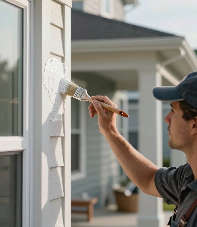 A close-up photograph of a professional painter in North American work attire carefully applying soft white paint to the exterior trim of a modern suburban home. Clear morning light, sharp focus on the precision of the brushstroke, representing expert craftsmanship.