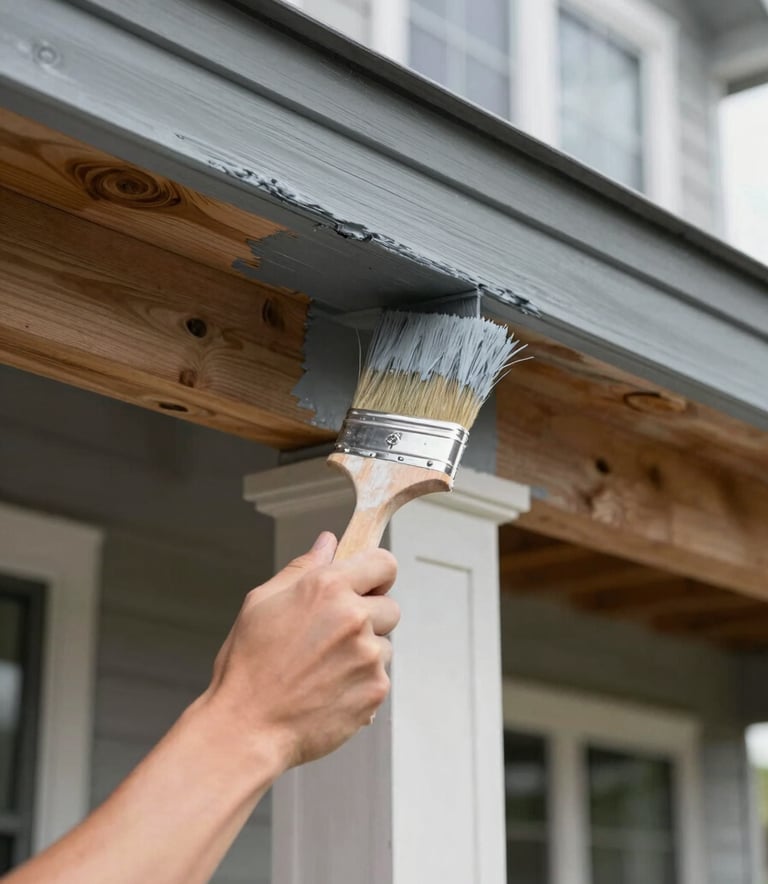 A close-up photograph of a professional house painter using a brush to apply a fresh coat of slate grey paint to the wooden trim of a modern North American home, bright daylight, sharp focus.