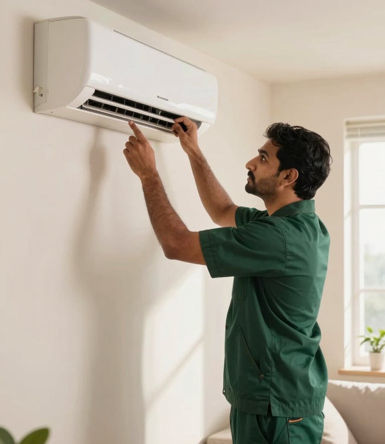 A professional South Asian technician in a tidy dark green uniform standing in a modern, sunlit Indian living room, performing a routine check on a wall-mounted split AC unit. The composition is clean and calm, emphasizing reliability and professional service.