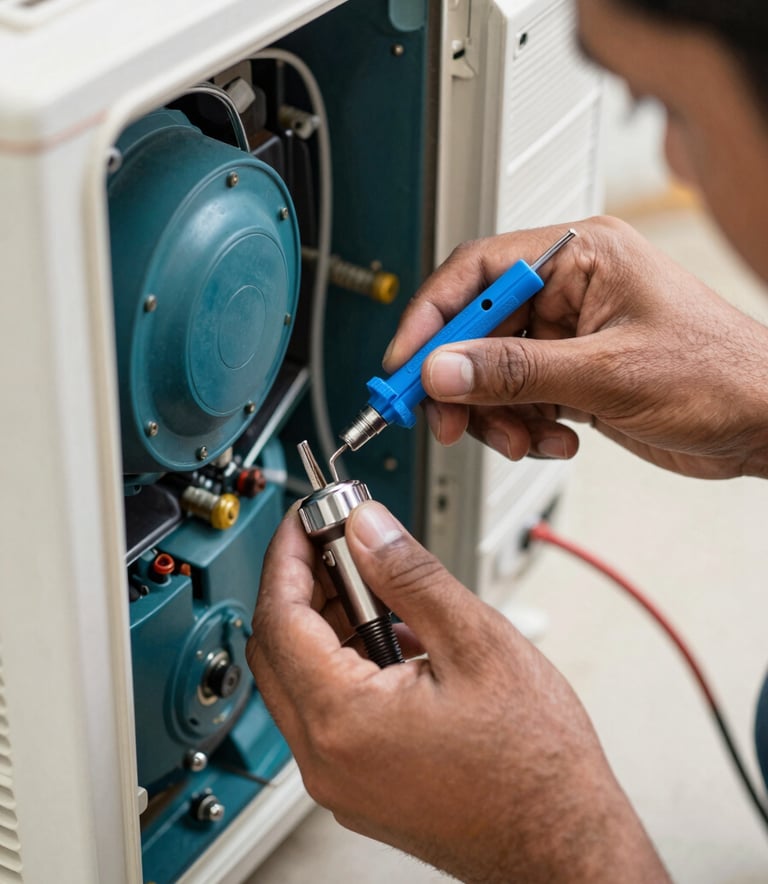 A close-up photograph of a professional technician's hands in a South Asian setting, using precision tools to repair the internal components of an air conditioning unit. The lighting is bright and clean, with a focus on efficiency and technical skill. Colors include deep teal and celestial blue accents.