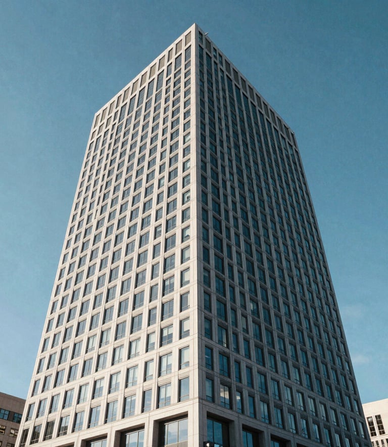 Wide environmental view of a modern architectural office tower in Edmonton under a clear blue sky, clean geometric lines, bright natural light.