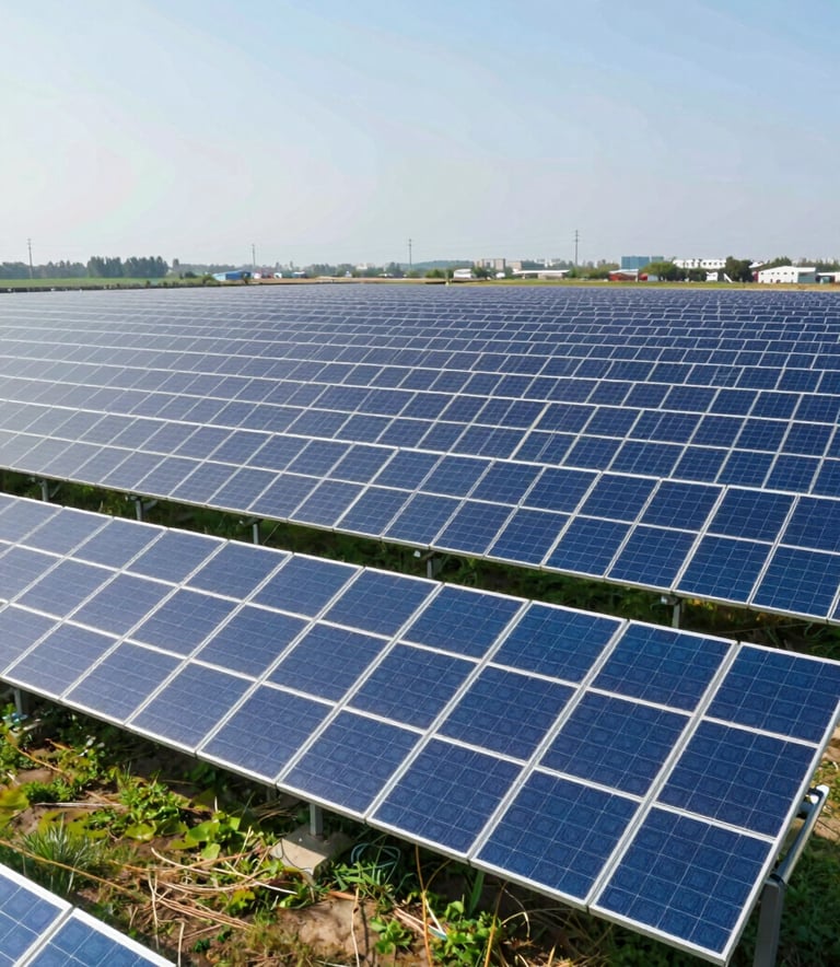 A wide, professional shot of a vast solar farm under a bright, clear sky. The solar panels are arranged in neat, forward-thinking rows. The image uses a professional architectural style with lighting that emphasizes the sleek, blue surfaces of the panels, incorporating the #0A1C2C and #326B5E brand colors in the shadows and surrounding grass.