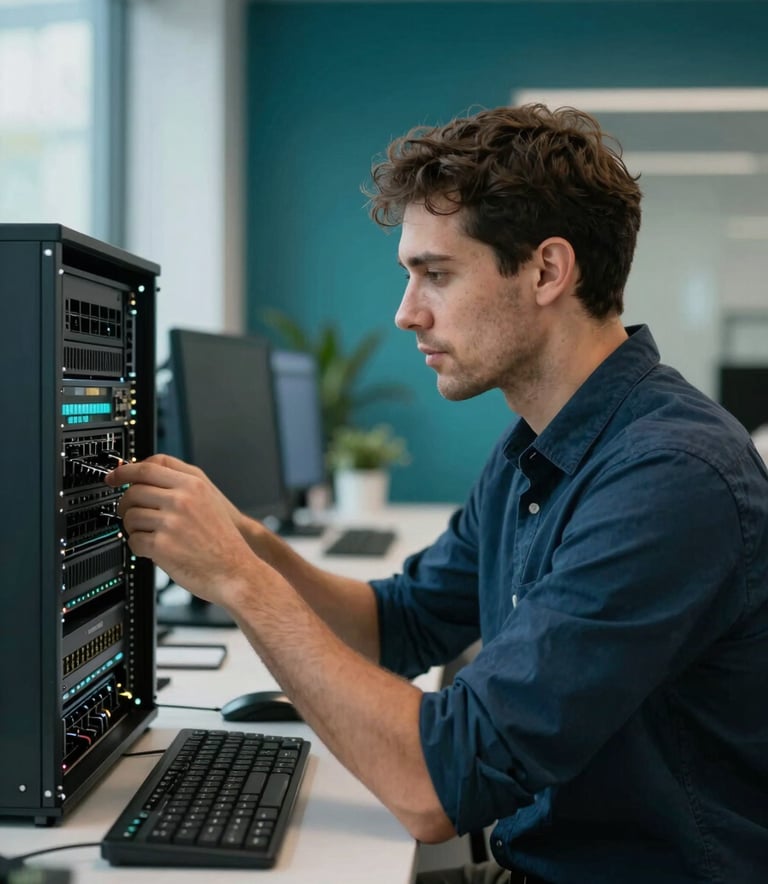 A professional IT specialist in a clean, modern office environment, subtly checking networking equipment. The scene is illuminated with cool, natural light. Deep Teal and Dark Navy Blue accents appear in the room's decor, reflecting a sophisticated and efficient workspace in Georgia.