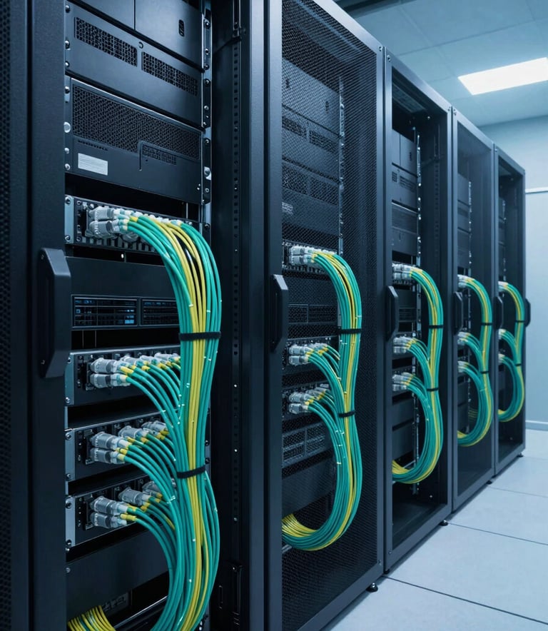 A wide-angle shot of a sleek, high-tech server room with neatly organized fiber optic cables. The lighting is a blend of Deep Teal and Soft Sky Blue, creating a forward-thinking and professional atmosphere. The composition is clean and modern.