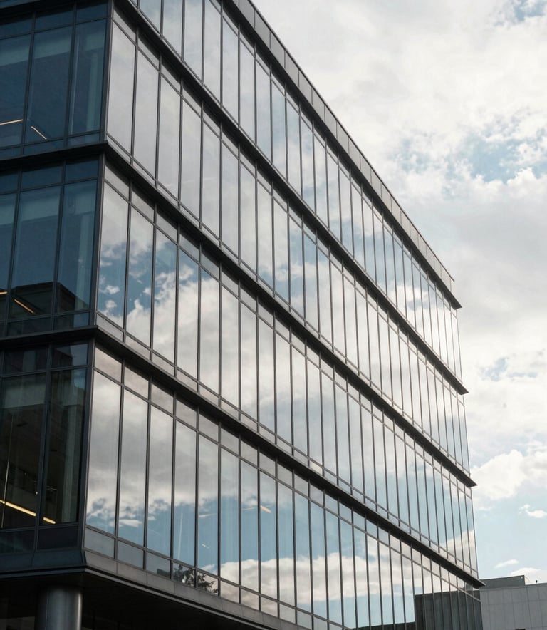A sleek, modern glass office building in Georgia during the day, reflecting a pearl white sky and soft sky blue highlights on its facade.