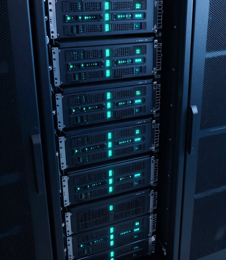 A high-angle shot of a sophisticated server room with deep midnight blue racks and glowing ocean teal indicators, representing high-speed data architecture and security.