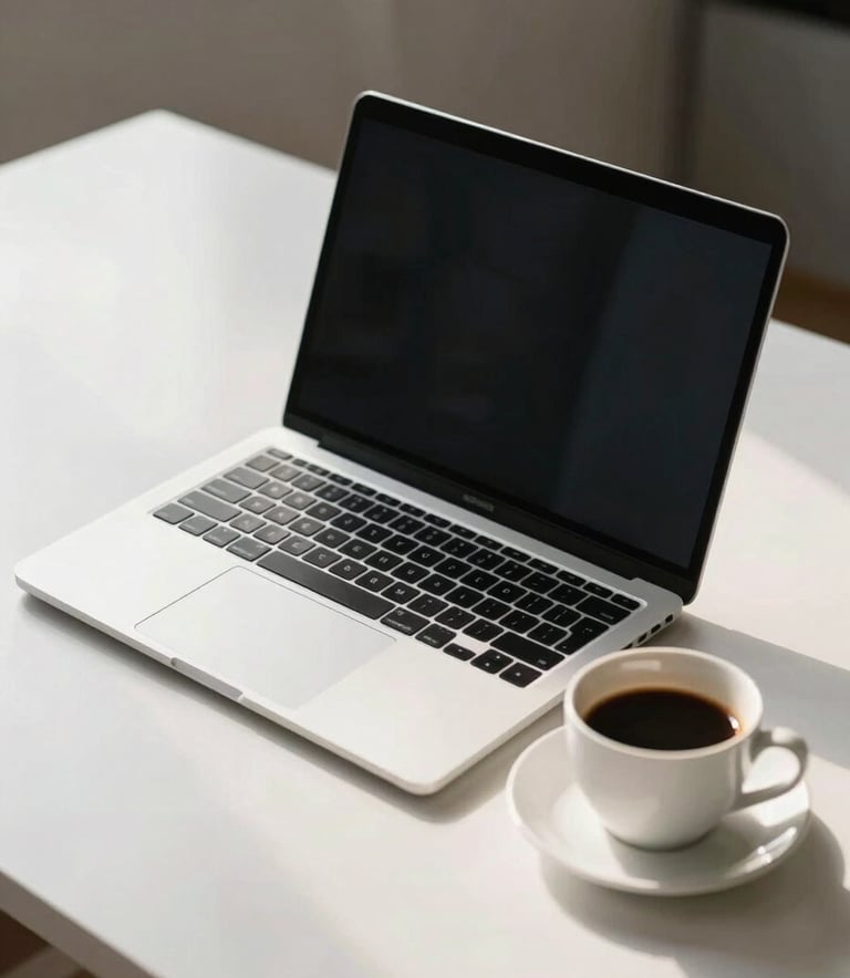 A conceptual, minimalist photograph representing the evolution from technology to humanism. A sleek silver laptop sits next to a warm cup of coffee on a white desk, bathed in soft morning light, creating a professional yet inviting scene.