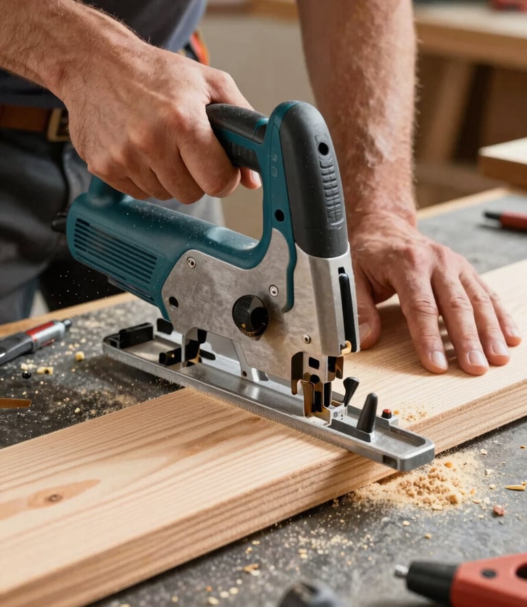 Close-up action shot of a male builder's hands using a professional saw to cut premium cedar planks, with sawdust in the air and slate gray tools visible in the background.