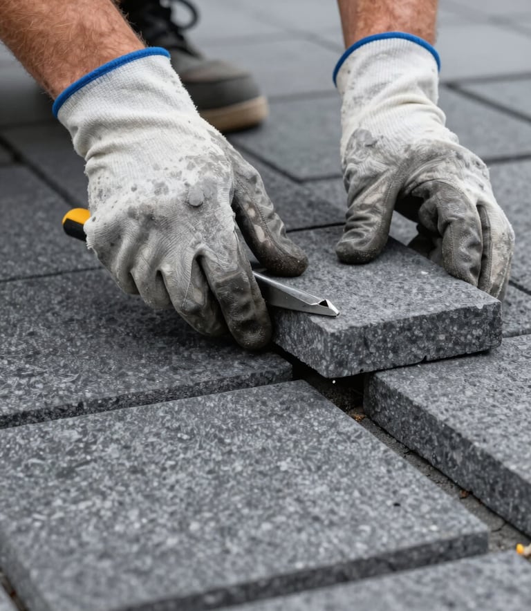 Close-up of a craftsman's hands wearing heavy-duty work gloves, carefully leveling a charcoal grey stone paver for a high-end patio. The focus is sharp on the texture of the stone and the tools. No faces visible, emphasizing the work.