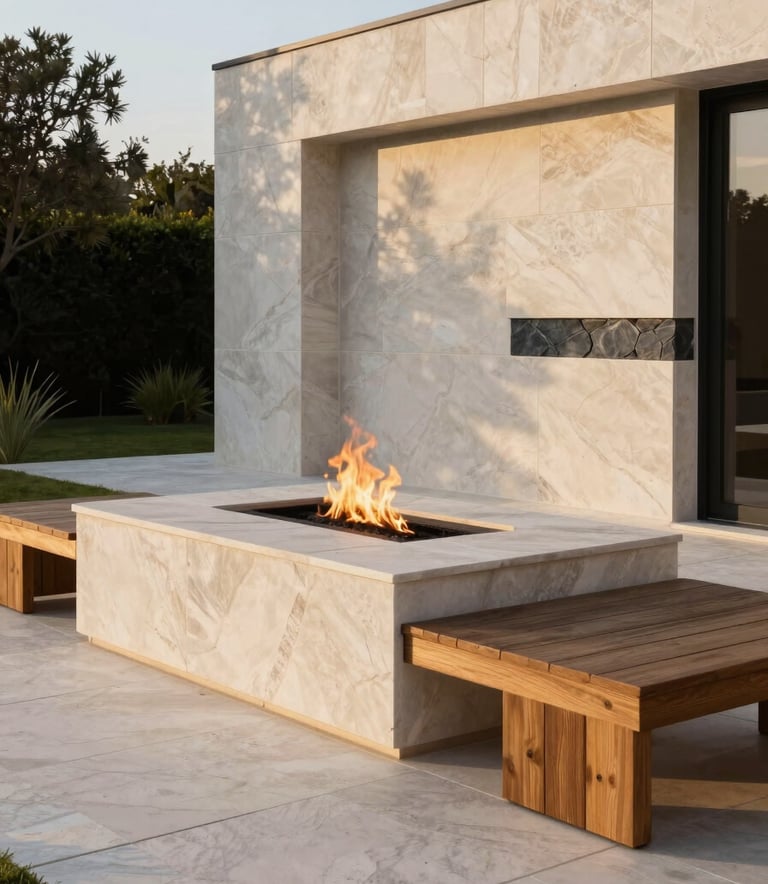 A high-end modern stone patio with a built-in fire pit and sleek timber seating, shot during the golden hour to emphasize the off-white stone textures and slate gray accents.