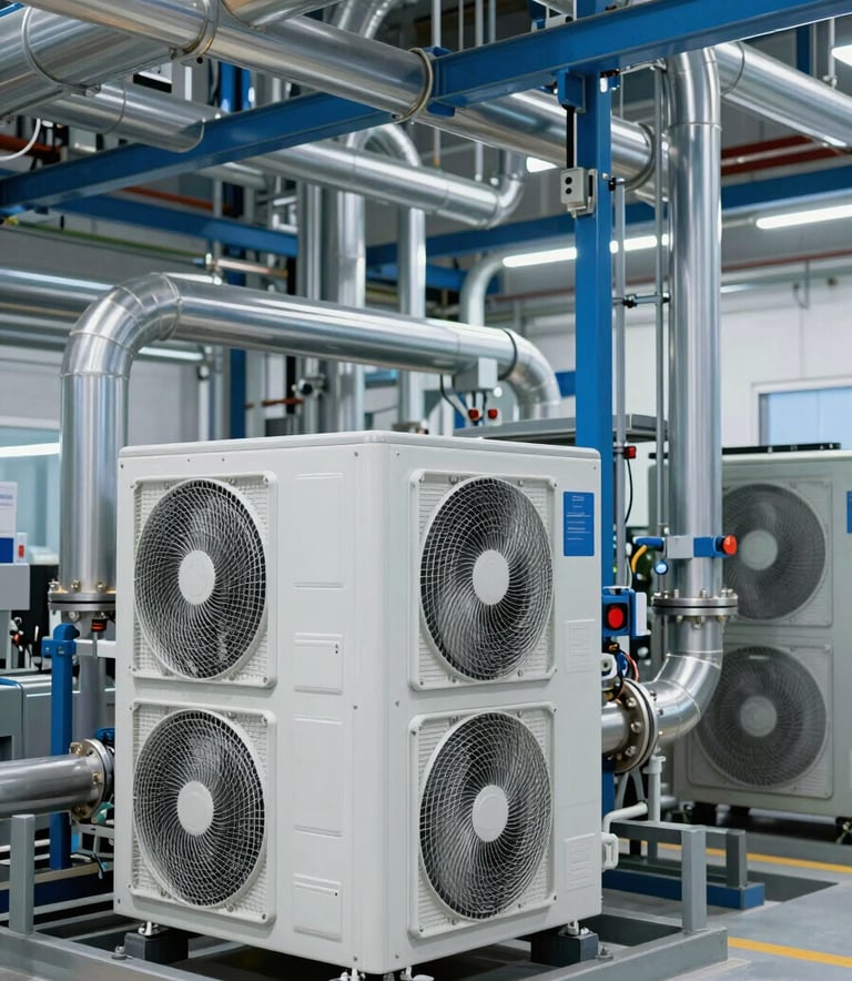A detailed, clean photograph of high-tech industrial climate control systems (HVAC) inside a modern facility. The pipes and machinery are neatly organized. Tones of Steel Blue and Pale Gray dominate the scene. Professional European / French industrial setting.