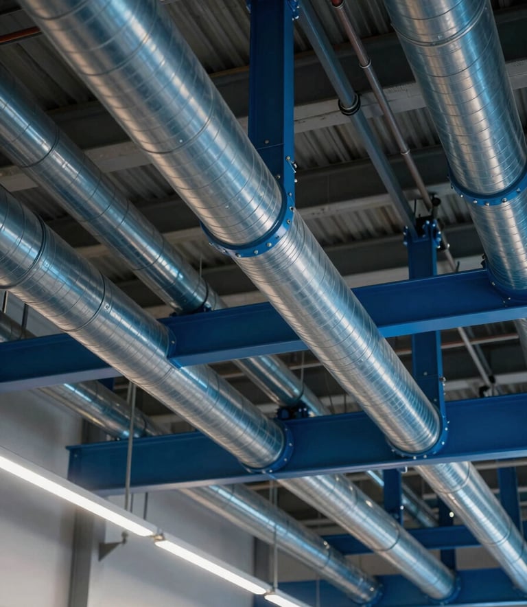 Professional photograph of complex HVAC ventilation systems installed in the ceiling of a modern industrial space in Europe / France. Precise steel blue ductwork with sophisticated lighting.