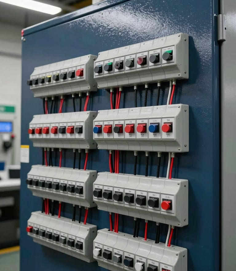 A close-up professional shot of an industrial electrical control panel with organized wiring and switches, technical and precise, located in a modern European / French commercial building. Colors are dominated by dark navy and steel blue.