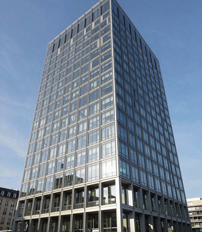 A wide-angle professional photograph of a modern glass-and-steel commercial building in a European / French city during the day. The sky is a clear Steel Blue. The architecture is clean and sophisticated, reflecting high-performance engineering. Sharp focus, bright natural lighting.