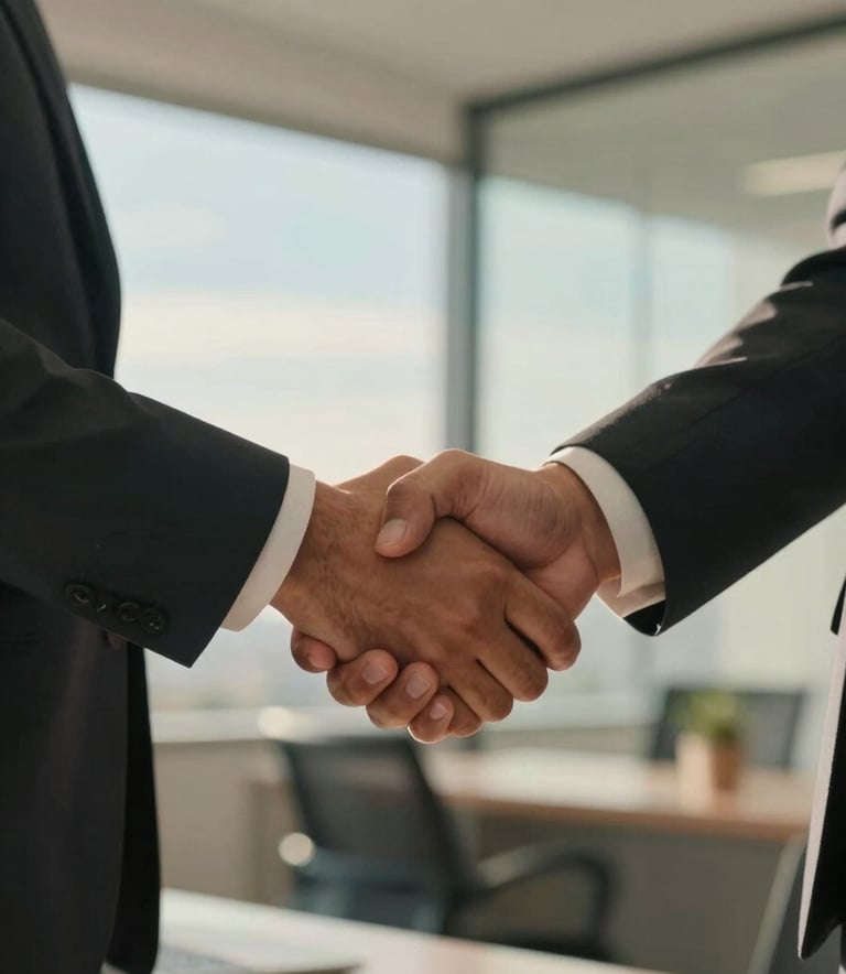 A close-up shot of two business professionals shaking hands in a modern South American / Brazilian office. The lighting is warm and natural, with soft sky blue and off-white office decor in the background, conveying trust and partnership.