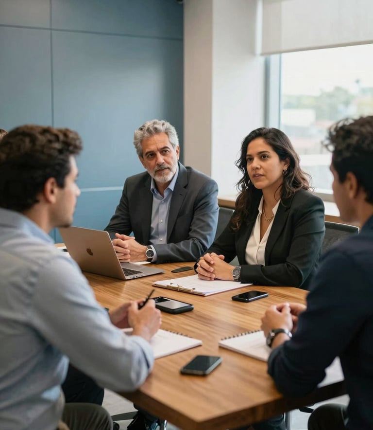 A group of professional colleagues having a focused discussion around a wooden table in a modern South American / Brazilian office. Soft natural lighting, steel blue and off-white accents in the room decor. The atmosphere is warm and authentic, emphasizing human connection.