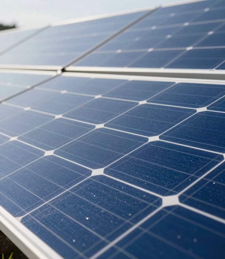 Detailed close-up of a high-tech photovoltaic solar panel array. The blue crystalline structure of the cells is sharp and clear, reflecting a bright, clean sky. Professional photography showcasing clean energy technology.