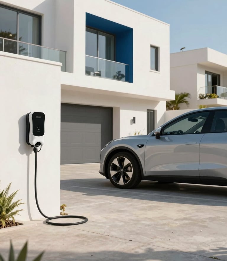 A luxury electric vehicle parked in a modern, sunlit driveway in a Global Hispanic residential area, connected to a sleek, wall-mounted charging station. The architecture is contemporary with pearl white and medium blue accents under a clear sky.