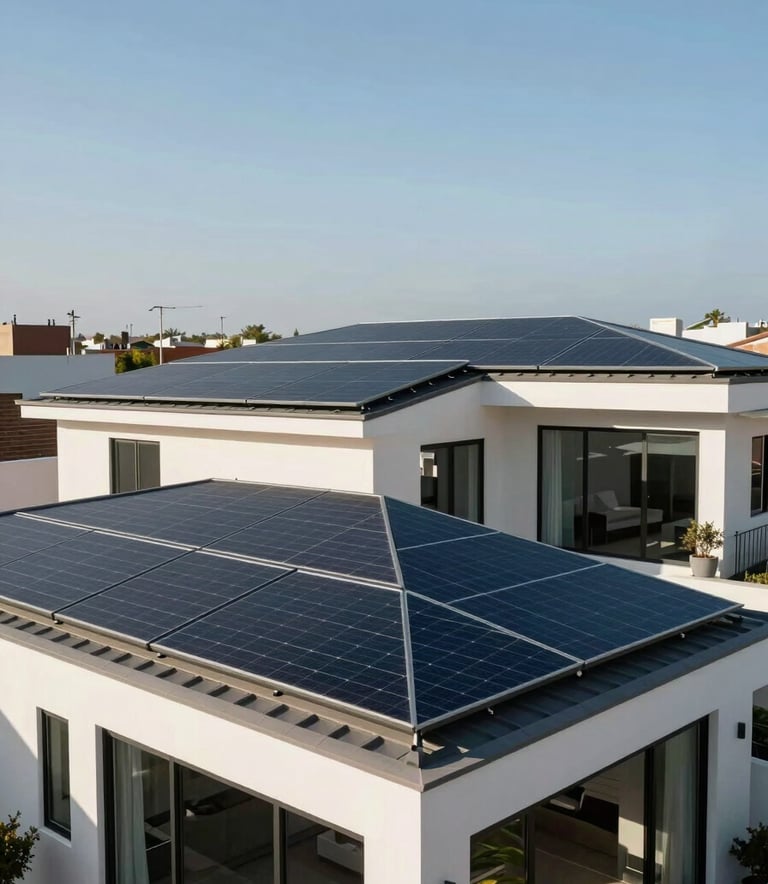 Wide shot of a contemporary residence in a Global Hispanic residential area, featuring seamlessly integrated solar panels on a clean roof design. The house has large glass windows reflecting a clear light blue sky.