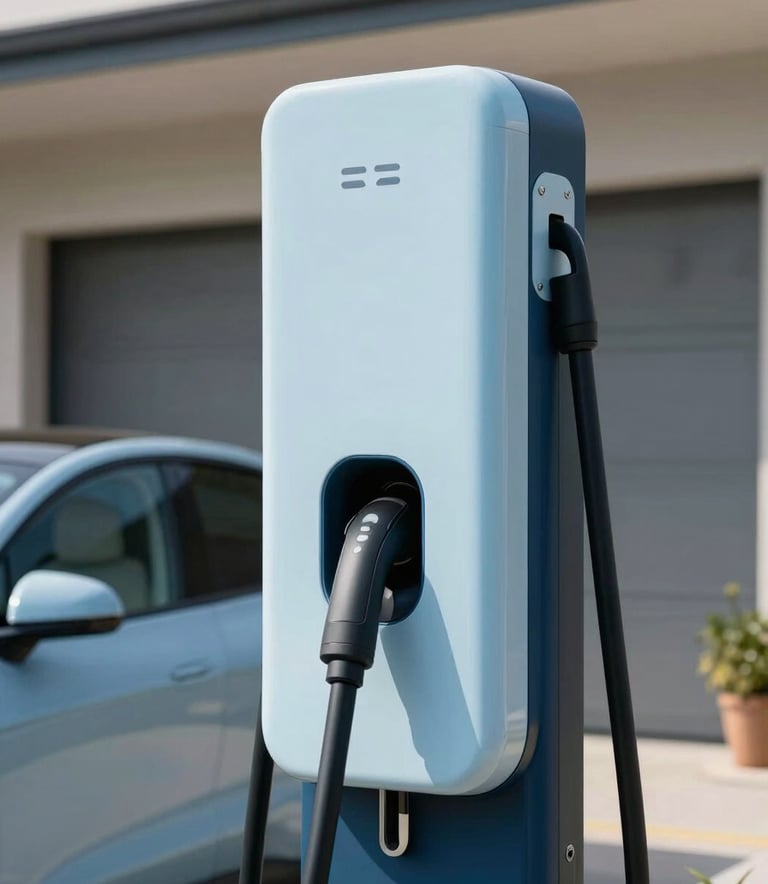 A close-up photograph of a sleek, high-tech electric vehicle charging station installed in a modern driveway. The design is elegant with soft light blue and dark blue accents under bright daylight. Global Hispanic setting.