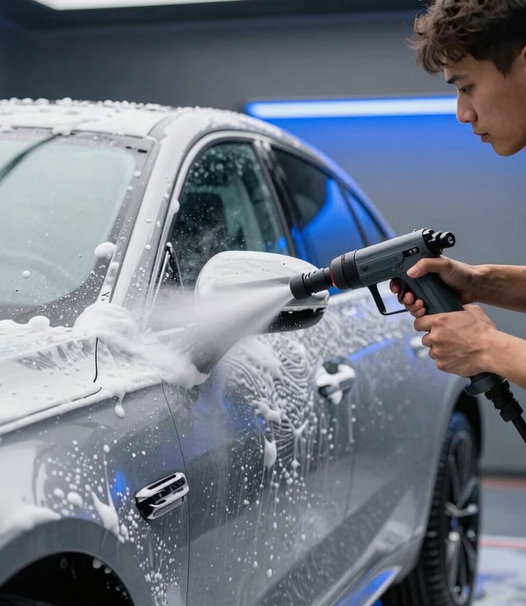 A close-up photograph of a professional male detailer using a high-pressure foam cannon on a metallic silver car, thick white foam covering the bodywork, sleek garage setting, electric blue ambient lighting, International / Global.