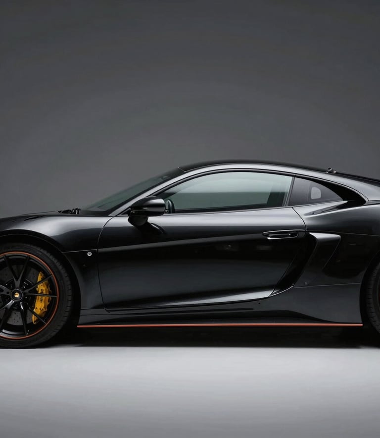 A side profile of a high-end black sports car in a minimalist studio, with metallic silver highlights and dramatic cinematic lighting on the curves, International / Global.