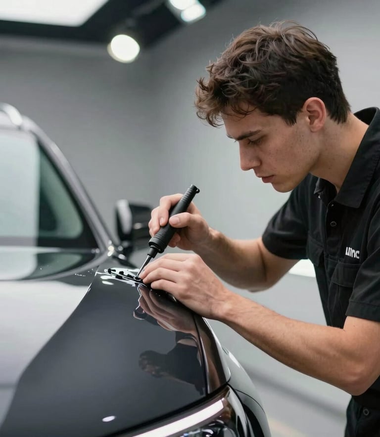 A professional male detailer in a black workshop uniform applying ceramic coating to a deep charcoal vehicle, soft bokeh of detailing lights, International / Global.