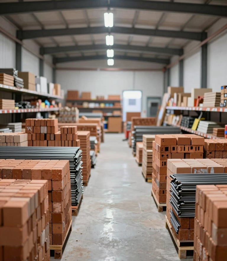 Wide-angle interior view of a modern, organized construction material store with neatly stacked bricks and steel rods, professional lighting, reflecting reliability and scale.