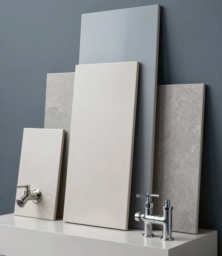High-quality professional shot of ceramic finishing tiles and luxury plumbing fixtures in a modern display, clean studio lighting with #90A4AE and #546E7A color tones, conveying quality and precision.