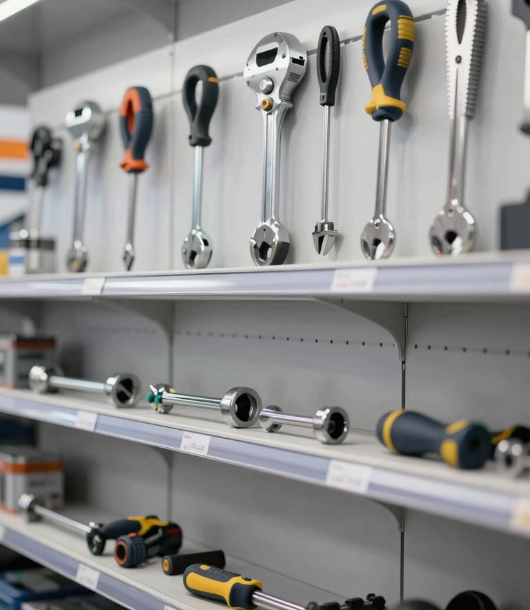 A clean, well-organized display of professional-grade construction tools and hardware against a light grey wall. The lighting is bright and industrial, reflecting a modern retail environment. The image incorporates brand tones through metallic surfaces and subtle blue-grey shelf accents, following the credible and professional mood of M. SIMAO GUILHERME.