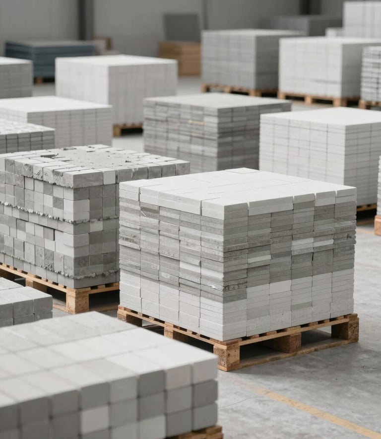 A high-resolution, wide-angle photo of a modern construction materials warehouse. Neatly stacked pallets of cement and ceramic bricks are visible under bright, natural light. The environment is clean and organized, conveying efficiency and reliability. The color palette features whites and greys consistent with the brand's professional identity.