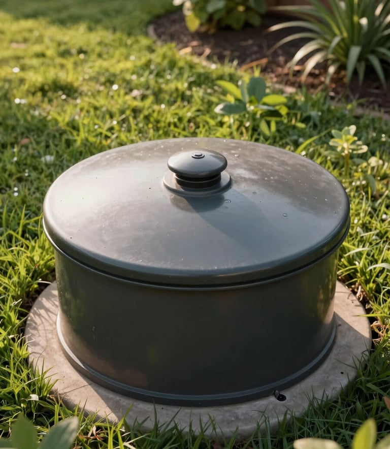 A high-angle, clean shot of a well-maintained septic tank riser lid surrounded by lush green lawn and garden plants in a North American backyard. Soft afternoon sunlight.