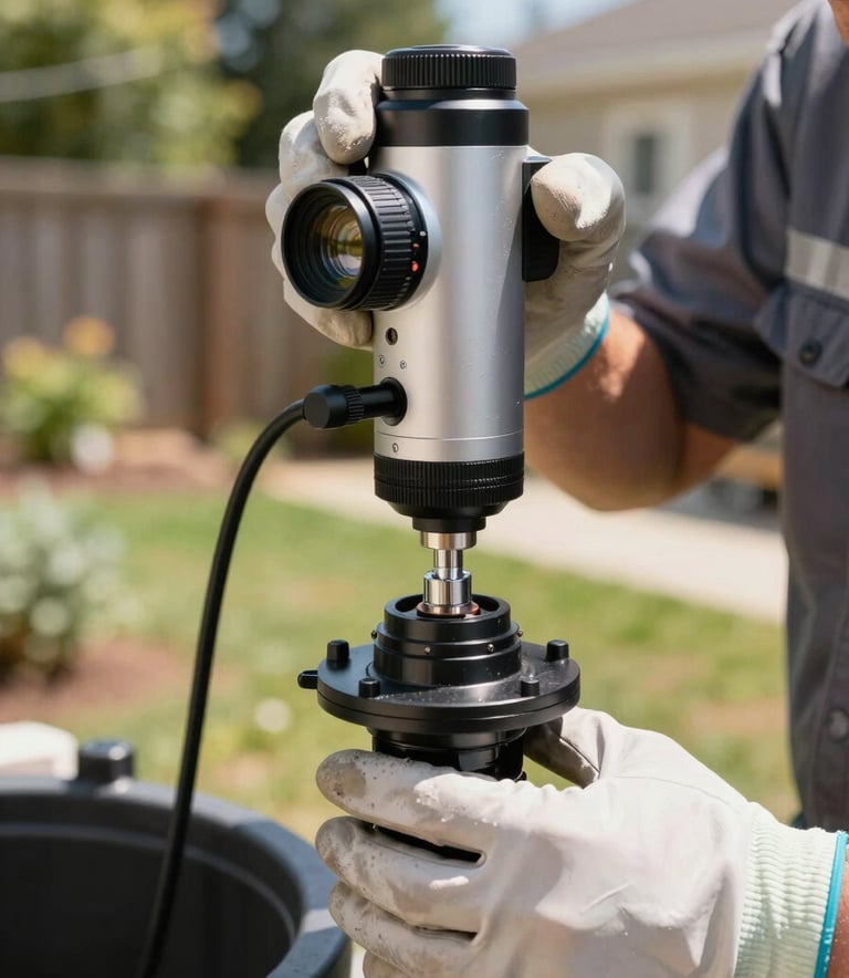 A close-up, high-detail photograph of a technician using a digital inspection camera to check a septic system component. The technician wears clean work gloves and a professional uniform. The setting is a North American backyard during a bright, sunny day. The lighting is crisp and natural, highlighting the modern technology and cleanliness of the service.