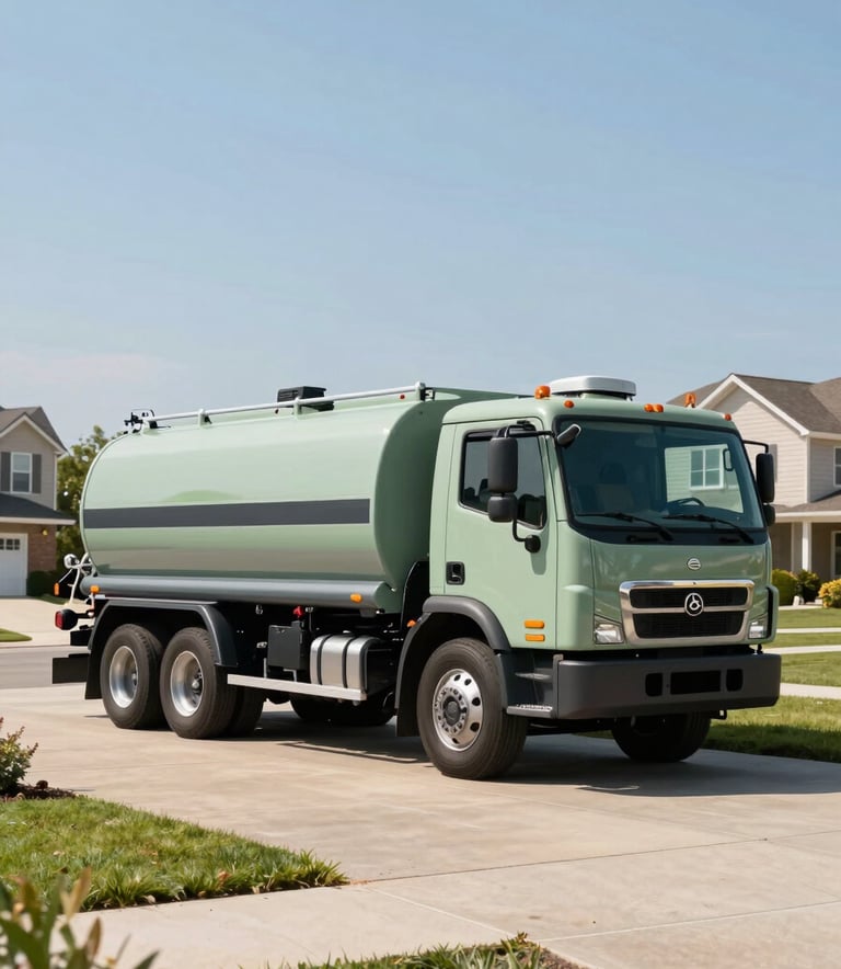 A wide-angle photography shot of a clean, modern septic service truck with sage green and dark slate gray branding, parked in a well-maintained North American residential driveway. A professional technician stands beside it, looking reliable and authoritative. Bright, clear daylight and a clean suburban environment.