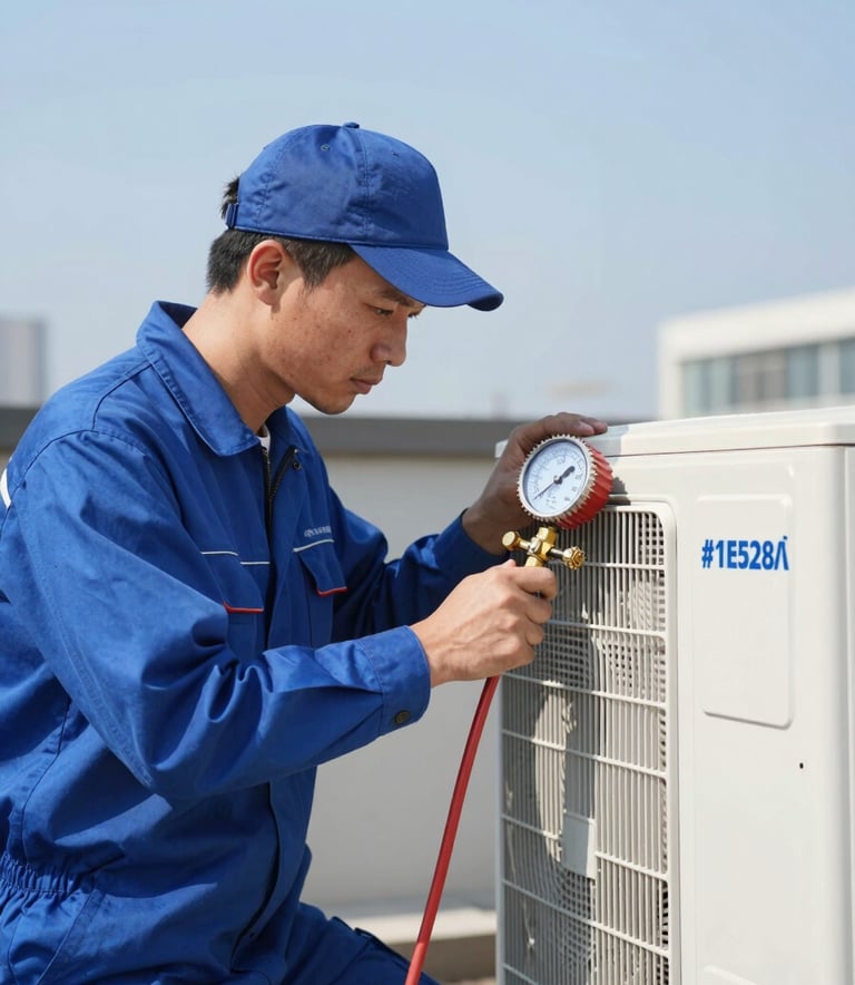 A professional technician in a blue uniform inspecting an outdoor AC compressor unit with a pressure gauge, clear bright daylight, focusing on efficient repair work, incorporating #1E528A brand colors.