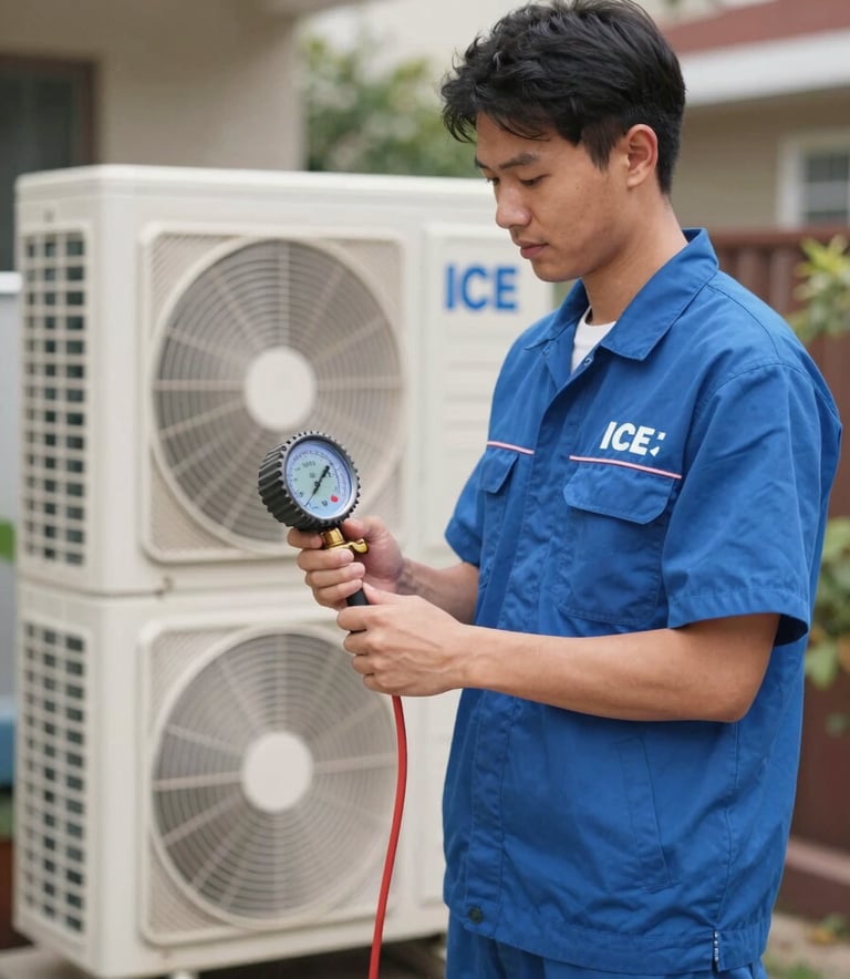 A professional technician from ICE Cooling Solutions in a clean blue uniform standing next to a modern outdoor AC unit. He is holding a digital pressure gauge. The scene is set on a bright day in a Noida residential area with clear lighting and a trustworthy, efficient mood.