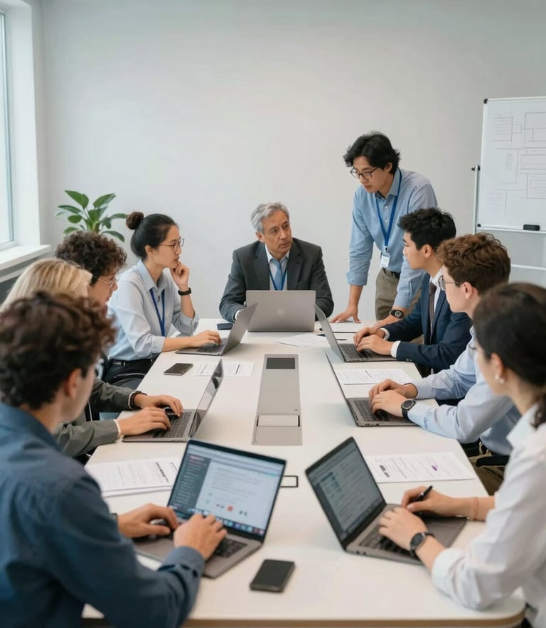 A wide-angle photography shot of a collaborative research meeting in a bright, modern European conference room. Professionals are gathered around a table with tablets and laptops discussing scientific data. The lighting is natural and airy, using a palette of light blue and off-white.