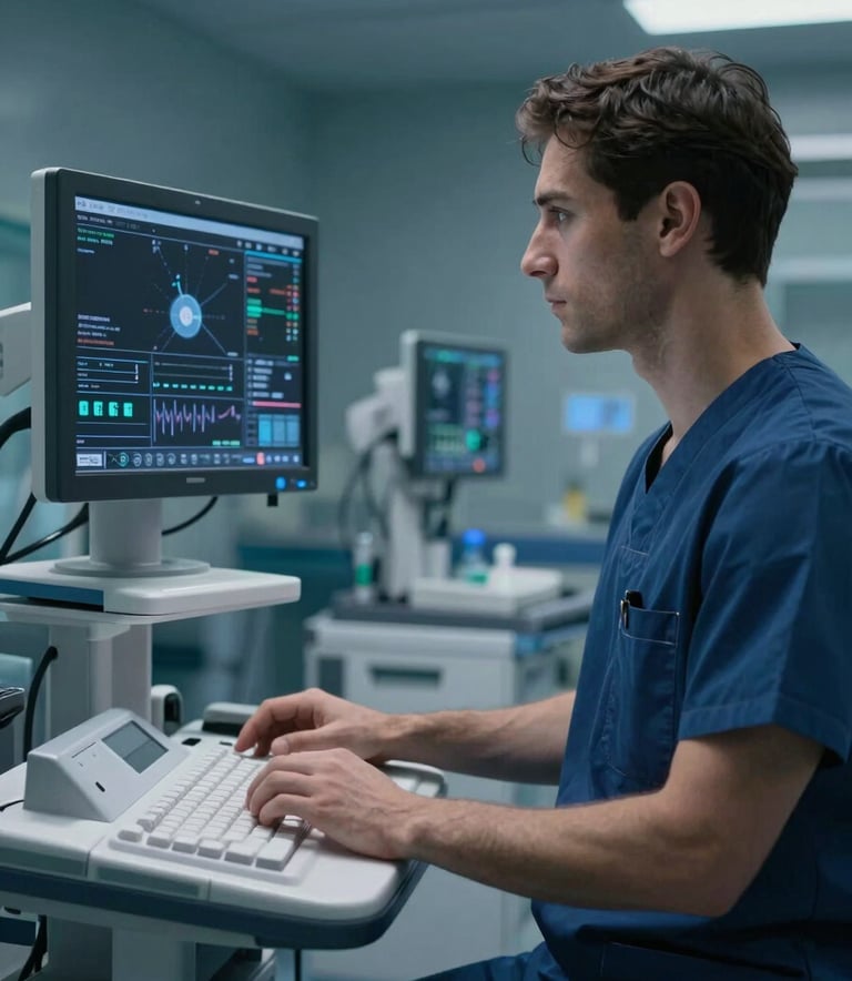 Photography of a clinician in professional attire working in a high-tech hospital environment in a European city. The scene focuses on the integration of technology, with a sleek medical monitor in the background showing a blurred clinical interface. The mood is authoritative and innovative, featuring dark blue and medium blue tones.