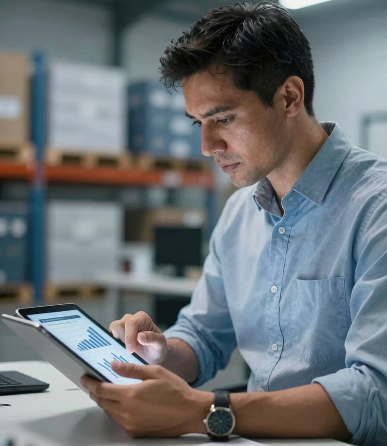 A professional South American logistics manager in a clean office setting, focusing on a digital tablet with charts, blurred warehouse background with steel blue tones, conveying efficiency and expertise.